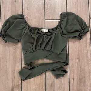Altar'd State Olive Green Puff-Sleeve Wrap Crop Top